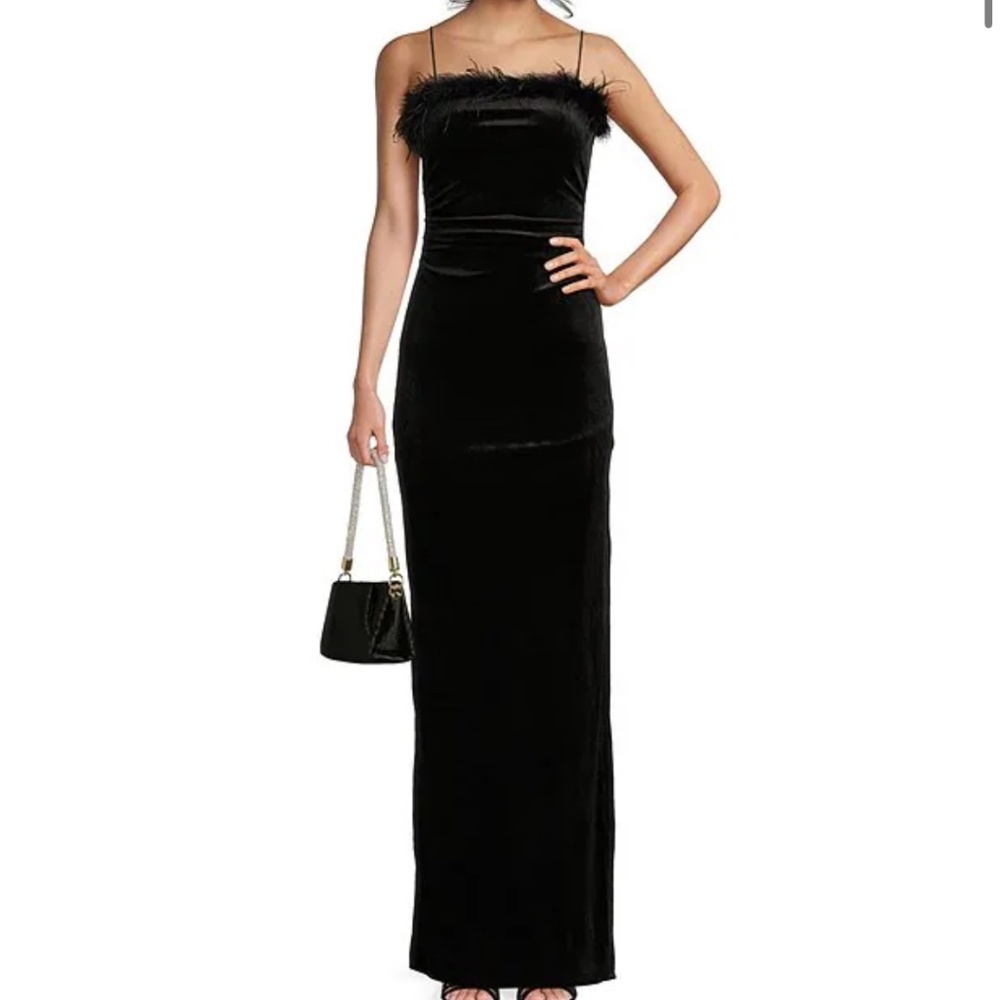 Honey & Rosie black velvet dress with slit & maroon feather trim - XS